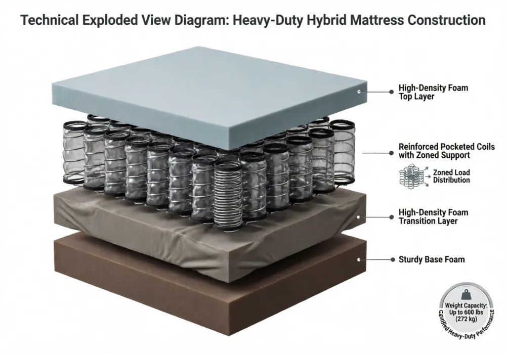 Technical diagram showing heavy-duty mattress construction with reinforced coils and high-density foam layers