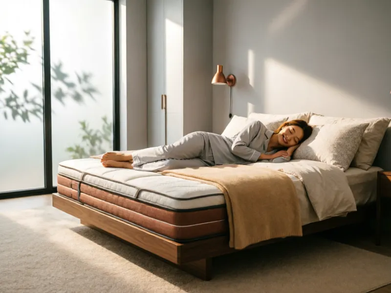 Person sleeping peacefully on the Layla mattress in a serene modern bedroom