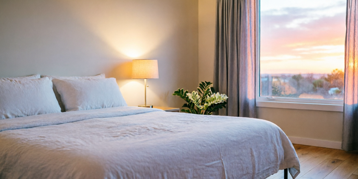 Serene modern bedroom with soft blue and lavender tones representing peaceful sleep