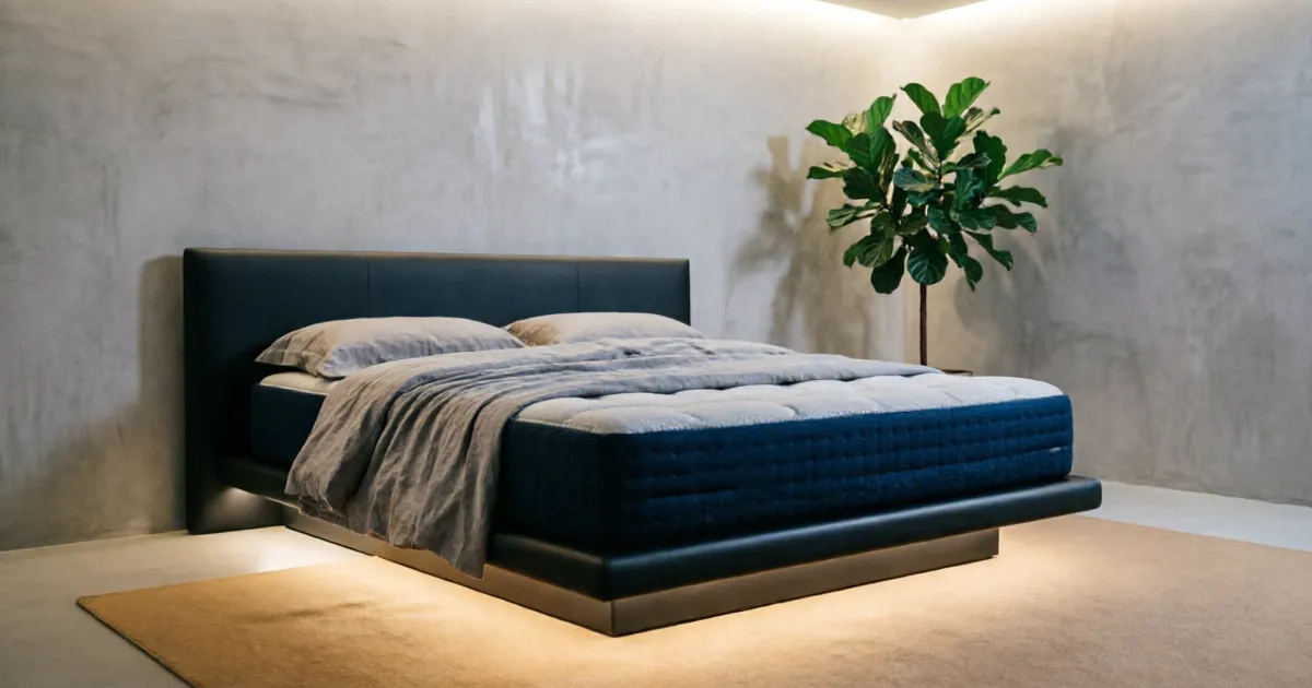 Helix Midnight Luxe Mattress displayed in a luxury modern bedroom with dark navy and gray tones, plush pillow top visible