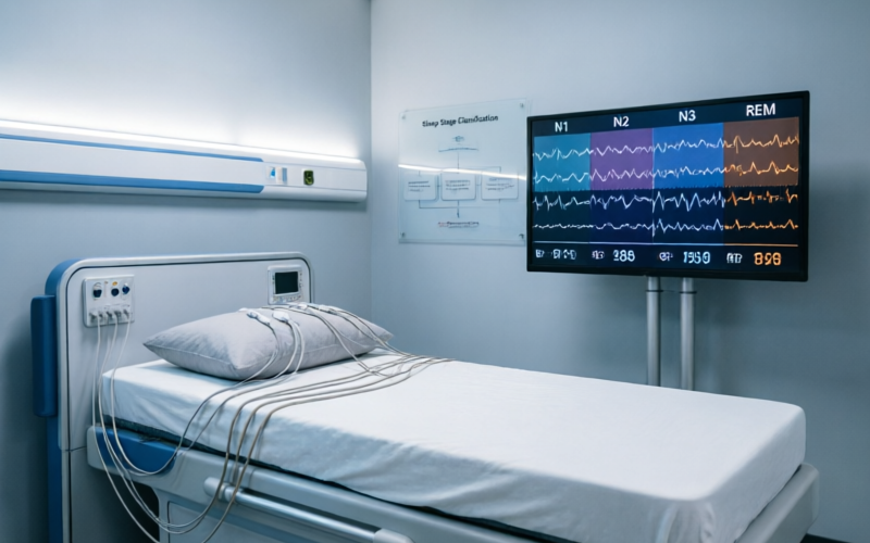 Modern sleep laboratory with monitoring equipment used in polysomnography sleep studies