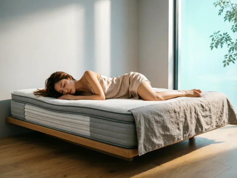 Happy side sleeper on the Helix Midnight Luxe mattress in a serene modern bedroom with good spinal alignment