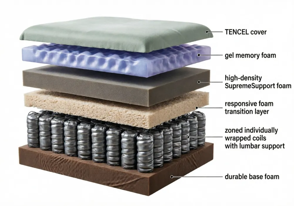 Cross-section diagram showing the multiple layers of the Helix Midnight Luxe mattress including TENCEL cover, gel memory foam, SupremeSupport 4.0 foam, responsive foam, zoned coils, and DuraDense base