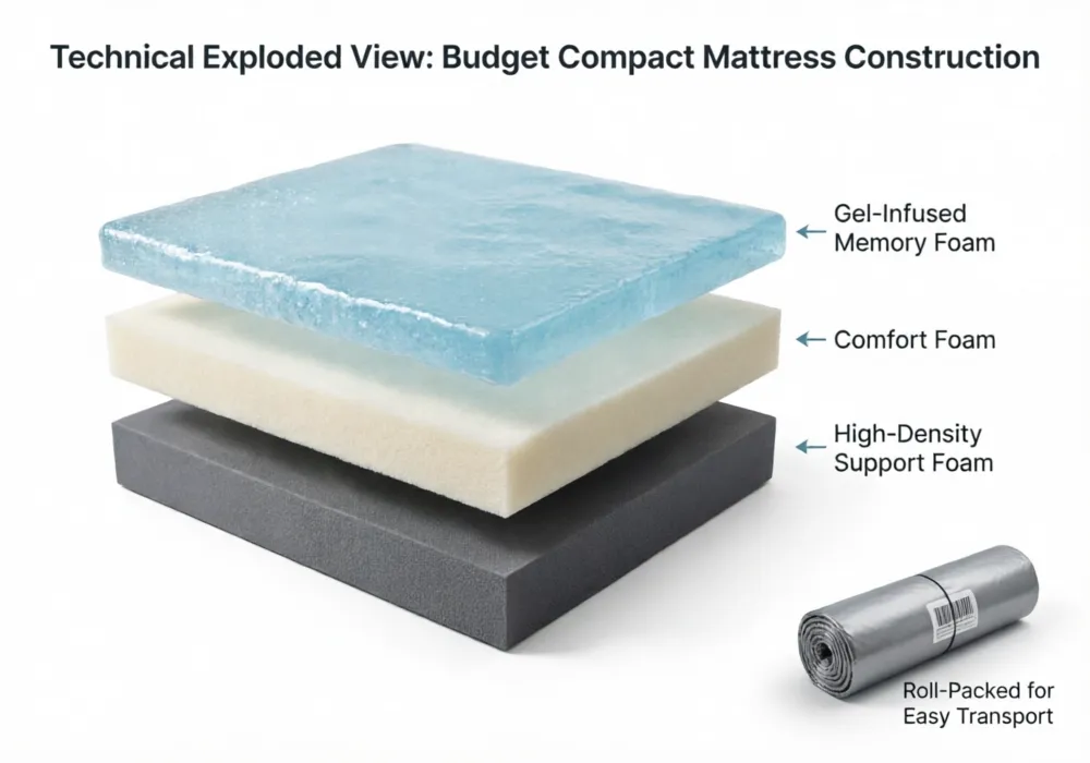 Technical diagram showing compact mattress construction with gel-infused foam layers