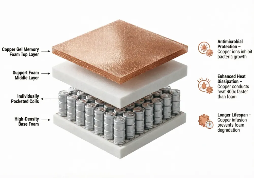 Cross-section diagram showing the layers of the Layla mattress including copper gel memory foam, support foam, and base foam