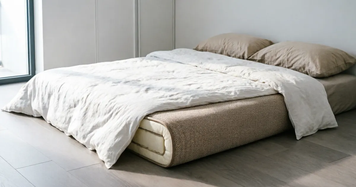 Compact roll-packed mattress in a modern minimalist bedroom