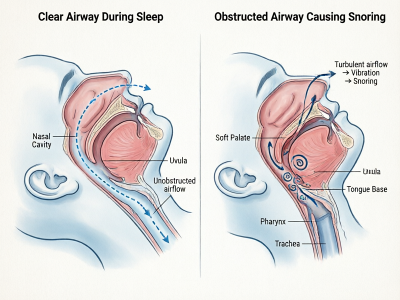 Medical illustration comparing a clear airway during normal breathing versus an obstructed airway that causes snoring