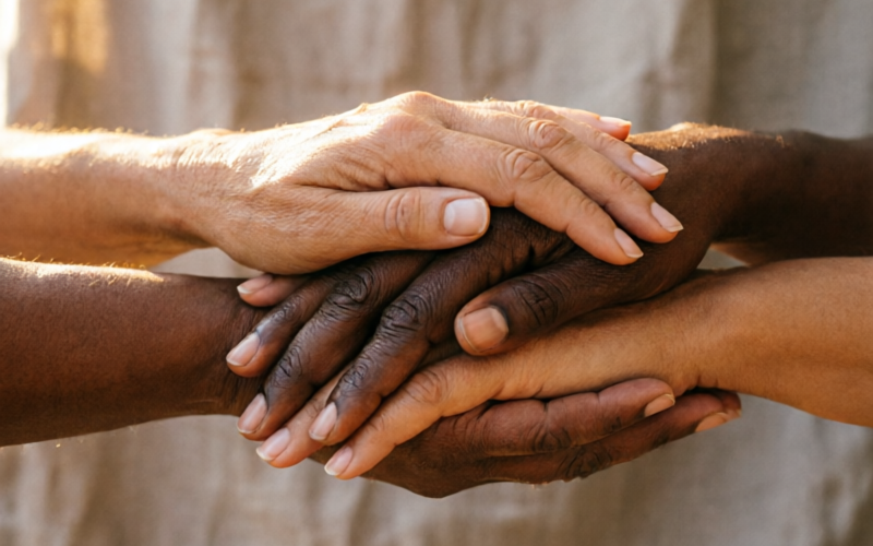 Community and trust: diverse group of hands coming together, symbolizing community commitment and social responsibility