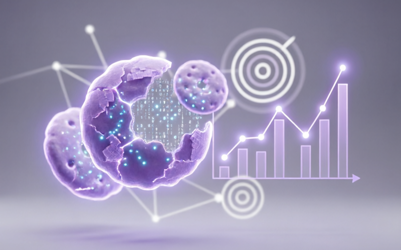 Illustration of web cookies and tracking technologies represented as abstract digital elements with analytics data