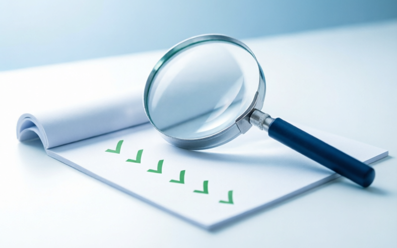 Editorial integrity concept: magnifying glass examining documents with checkmarks, representing rigorous fact-checking standards