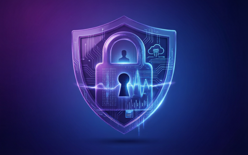 Data privacy concept: digital lock shield protecting personal information, representing cybersecurity and data protection