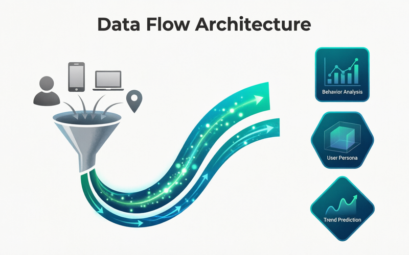 Abstract illustration representing the categories of data collected by Snorezing, shown as organized digital streams flowing into structured categories