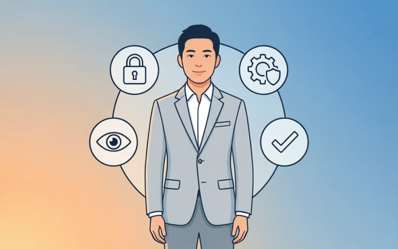 Illustration of a person with privacy rights checklist items floating around them, representing digital user rights and choices